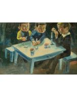 German Expressionism, Children at the table, oil on wood, 18x13 cm 