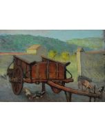 Giovanni Malesci, Cortile e carro colonico, olio su tavola, 36,5x25,5 cm, 1925