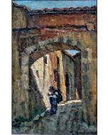 Giuseppe Comparini, Alley with wayfarer, oil on canvas, 25x50 cm, 1969