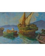 Carlo Domenici, Barche, olio su faesite, 70x50 cm