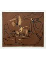 Pablo Picasso, Femme couchée et homme au grand chapeau, Linoleografia, 27x32,5 cm