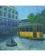 Andrea Ferrari Bordogna, Stop in the square, oil on backed paper, 32x32 cm