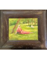 Daniela Penco, Woman in the garden, oil on canvas board, 24x18 cm (39x33 cm with frame)