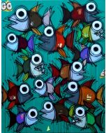 Yux, Go Fishes, acrylic crayon and poster on canvas, 80x100 cm