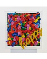 Erika Calesini, Happy-Gum-Yellow, Plexiglas cube with canvas and application of resinated balloons, rubberized writing, 45x45 cm