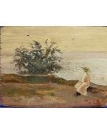 Scuola Francese, La costa al tramonto, olio su tavola, 16,5x22 cm