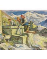 Scuola Francese, Le lavandaie, olio su tavola, 17,5x20,5 cm 