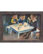 Scuola Espressionista Tedesca, Bambini al tavolo, olio su tavola, 14,5x20 cm