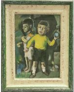Espressionismo tedesco, Bimbi con palla, olio su tavola, 23,5x18,5 cm (con cornice)