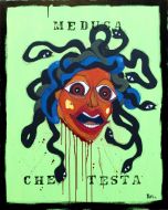 Yux, Head in the clouds, Medusa, acrylic crayon, enamel and poster on canvas, 80x100 cm