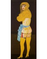 Salvatore Fiume, Modella con calze gialle, serigrafia pastellata su tela, 38x80 cm