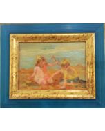 Daniela Penco, Children at the beach, oil on canvas board, 13x18cm (28x23 cm with frame)