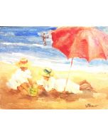 Daniela Penco,Sotto l'ombrellone, olio su cartone telato, 18 x 24 cm 