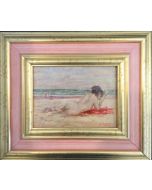 Daniela Penco, In spiaggia,  olio su cartone telato, 13x18cm (27x31,5 cm con cornice)