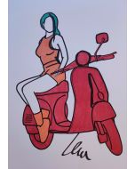 Marco Lodola, Pin up in Vespa rossa, pennarelli su cartoncino, 42x30 cm