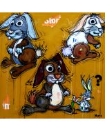 Yux, Rabbits ?, acrilico, pastelli a cera, smalto e manifesti su tela, 50x50 cm