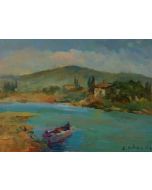 Antonio Sbrana, Sul fiume, olio su tavola, 41x30,5 cm
