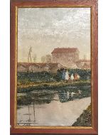 Carlo Achille Cavalieri, Passeggiando sul Naviglio, olio su tavola, 35,5x23,5 cm (con cornice)