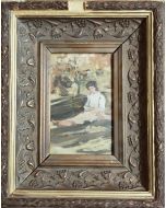 Scuola Impressionista, Donna nel parco, tempera su tavola, 26x21 cm (con cornice)